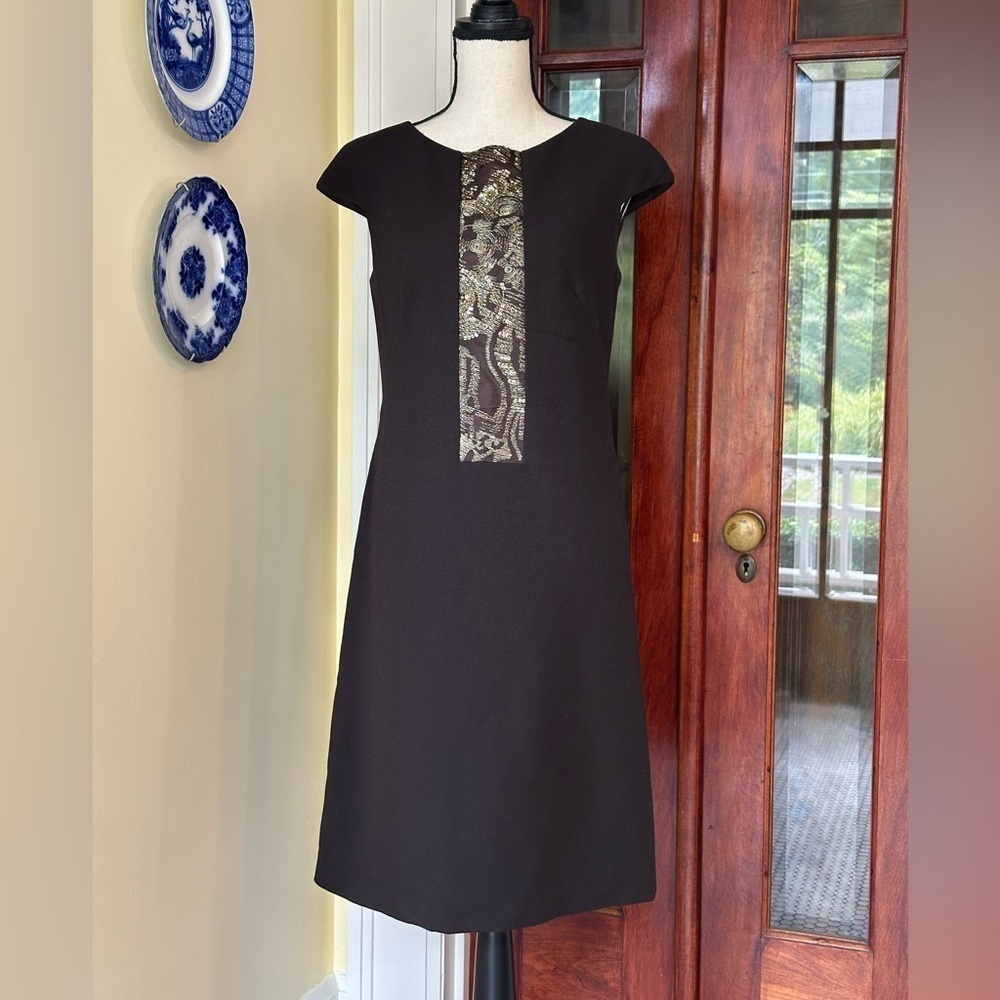 Badgley Mischka | 100% Wool Sequined Brown Cap Sleeve Shift Dress, Size 8